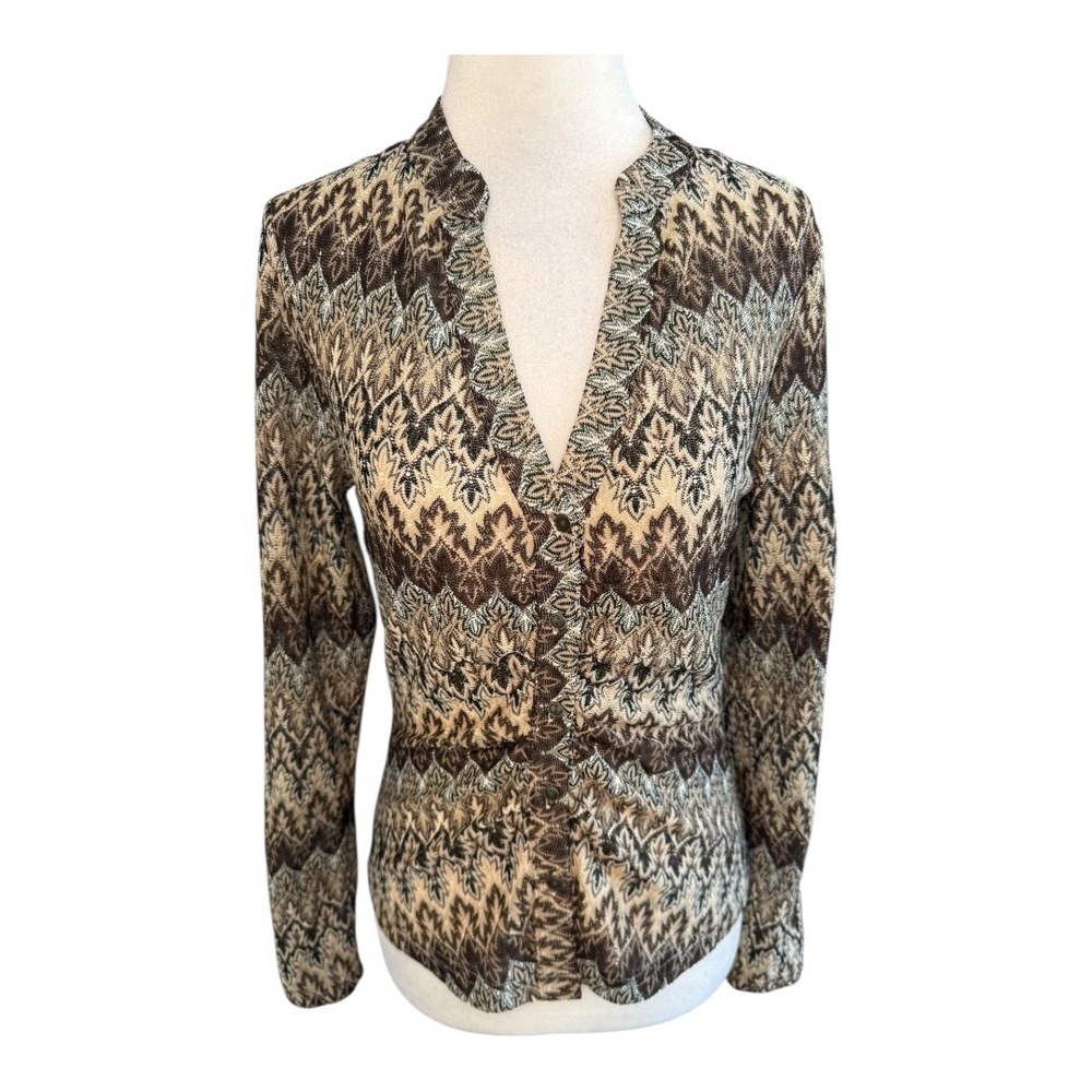 DR2 Womens Abstract Print Knit‎ Cardigan Sweater XS Brown Beige Metallic V Neck